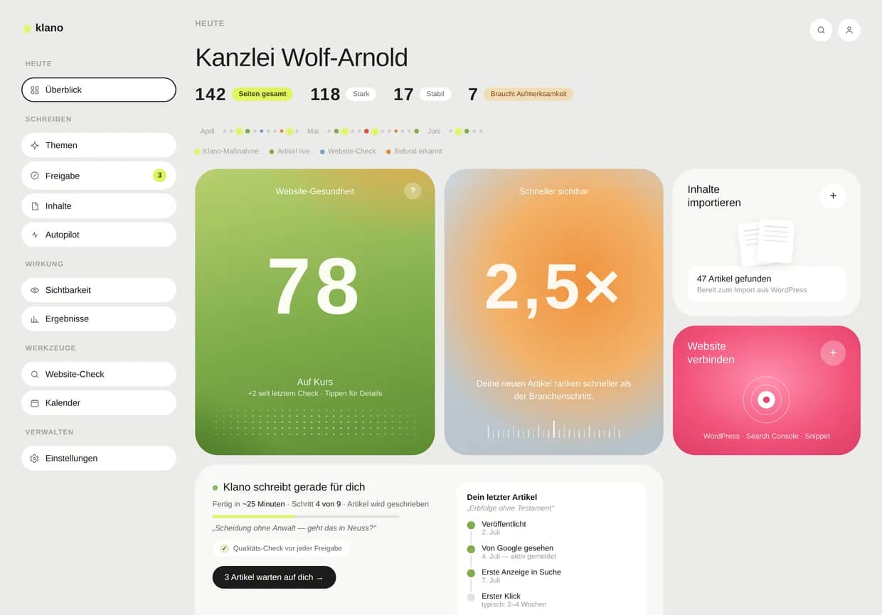 Klano dashboard: overview with website health, timeline and enquiries