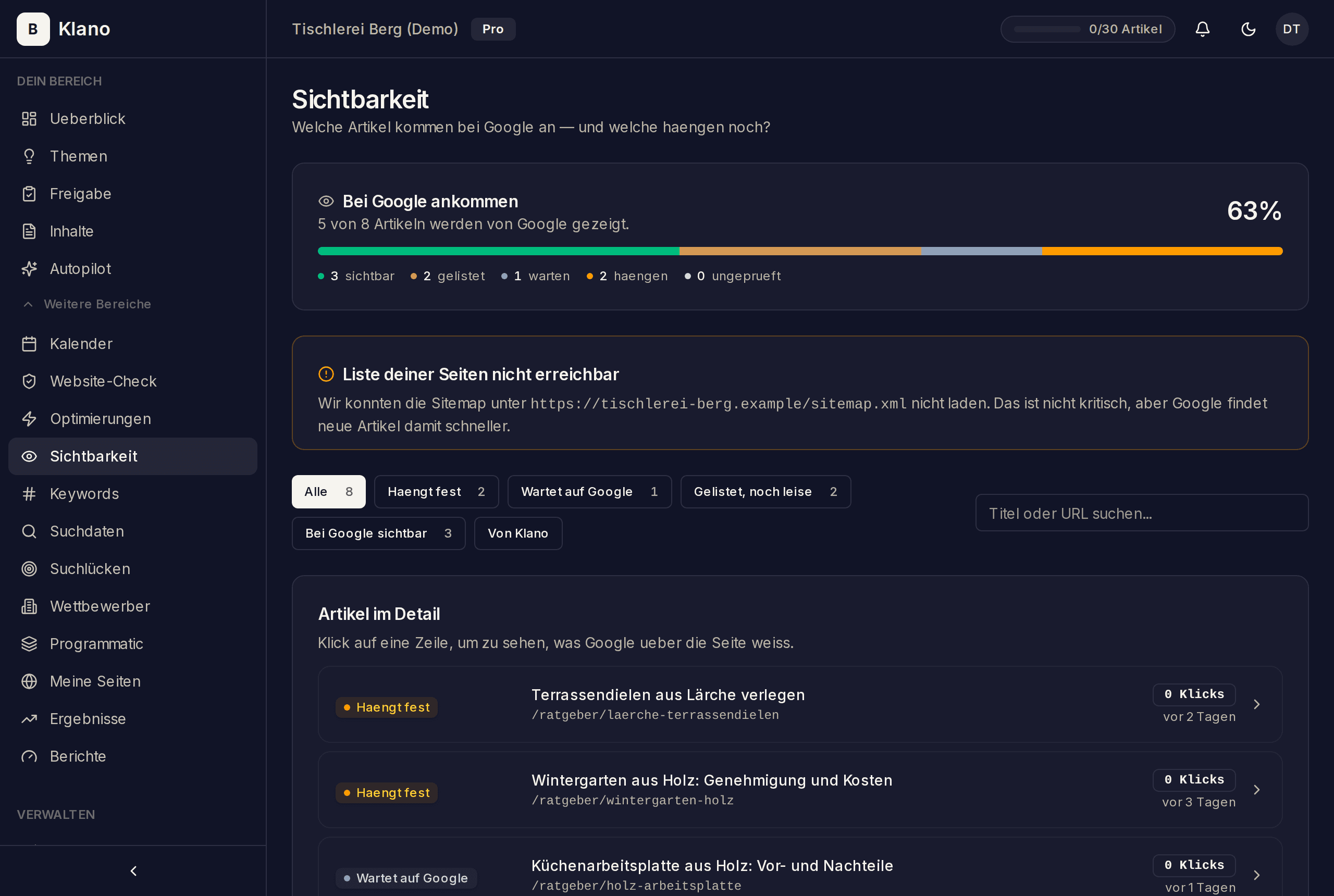 Klano visibility: every article with its Google status in plain language.