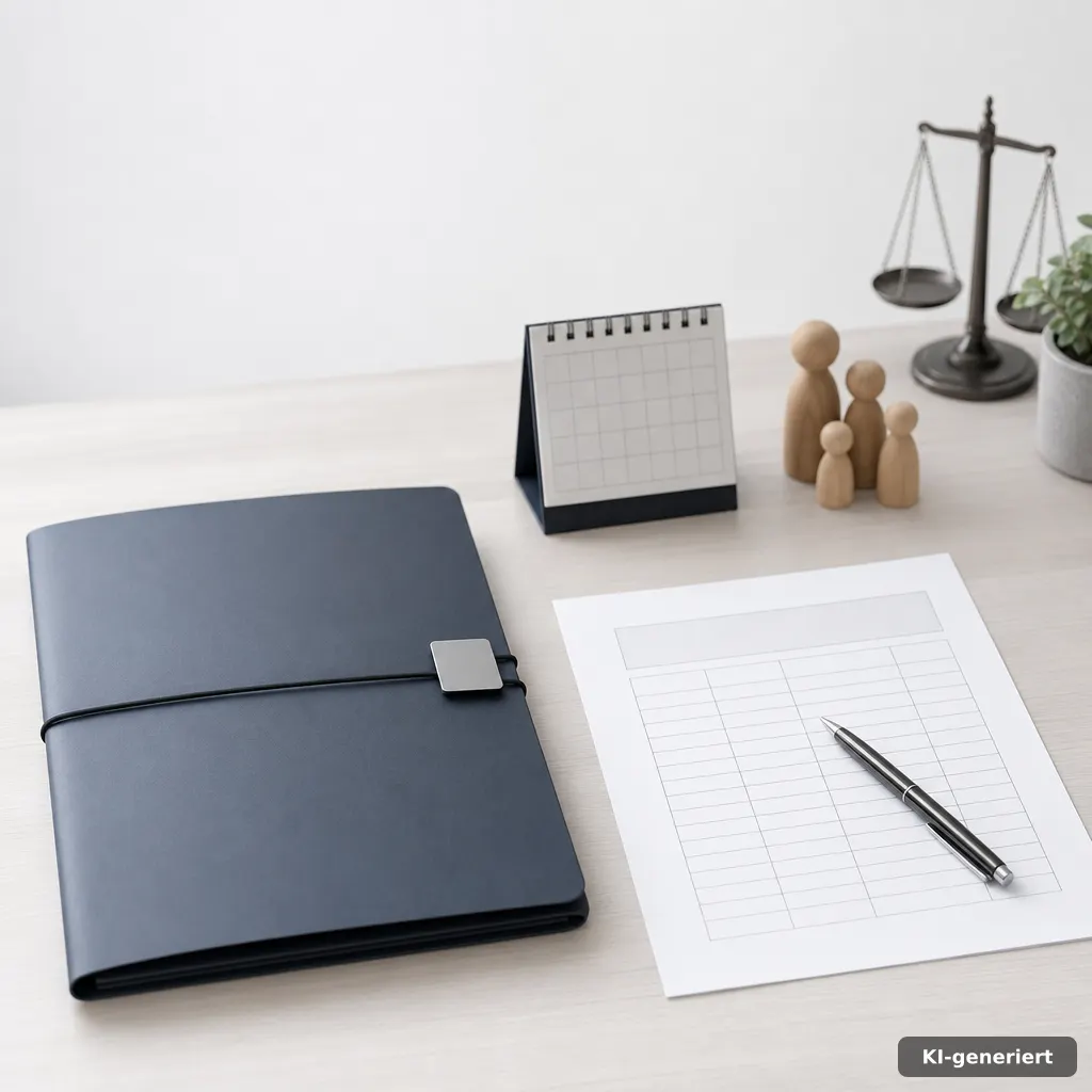 calm editorial desk scene with a closed folder, a small calendar icon shape, and a blank ruled document grid, soft dayli