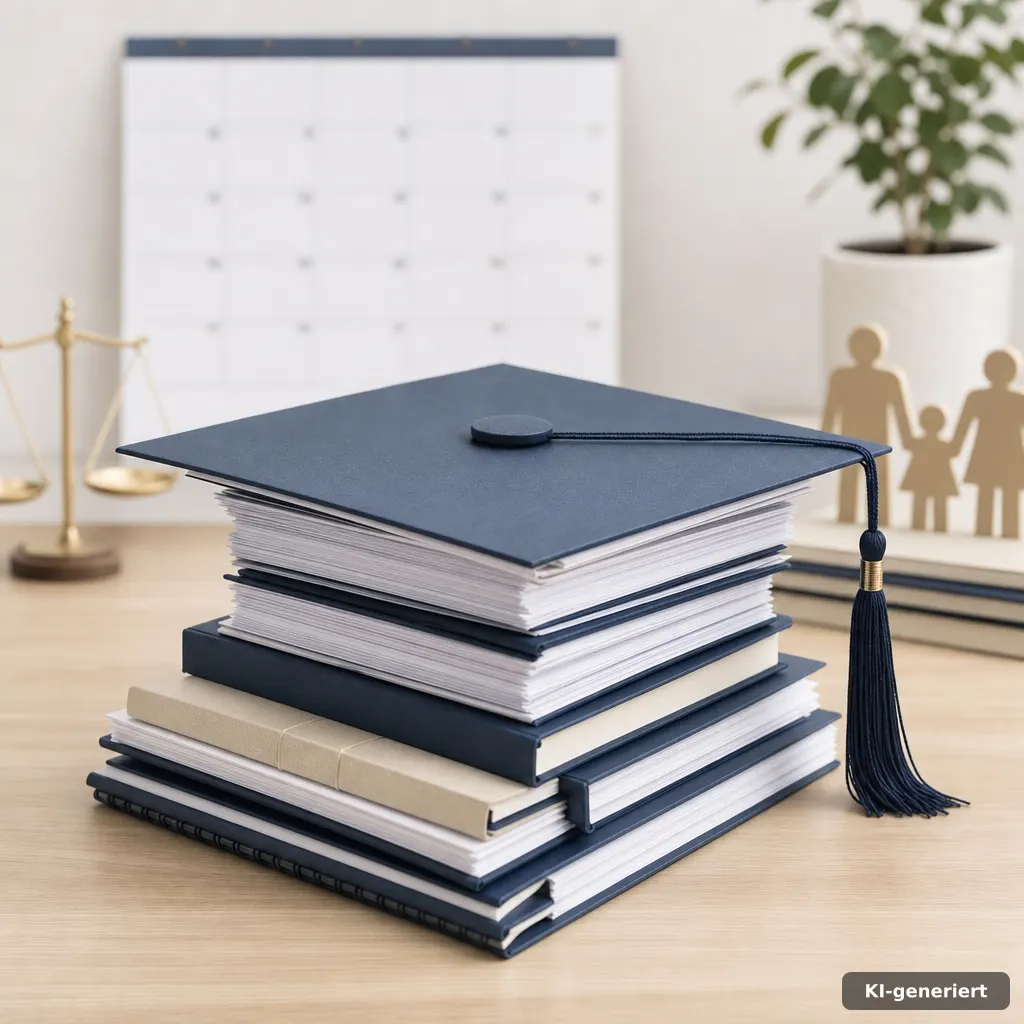 editorial visual of a graduation cap silhouette made from neatly arranged documents on a desk, blurred calendar in backg