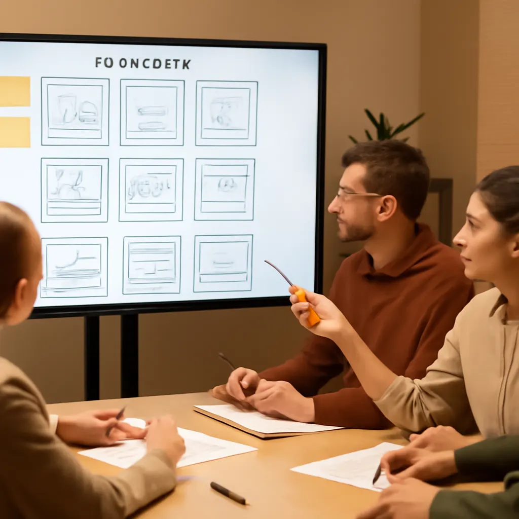 photograph of a marketing team reviewing a social media storyboard on a large monitor, sticky notes with story beats, wa