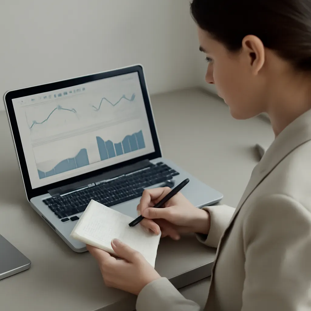 editorial photo of a content analyst combining internal customer notes with trend charts on a laptop, muted corporate co