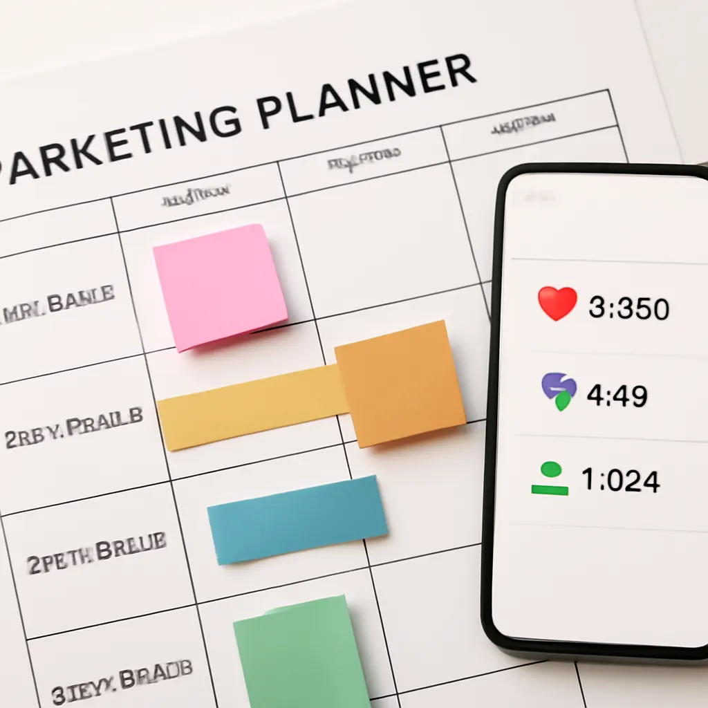 close-up of a marketing planner with timeline blocks for story beats, colorful sticky notes and a smartphone showing soc