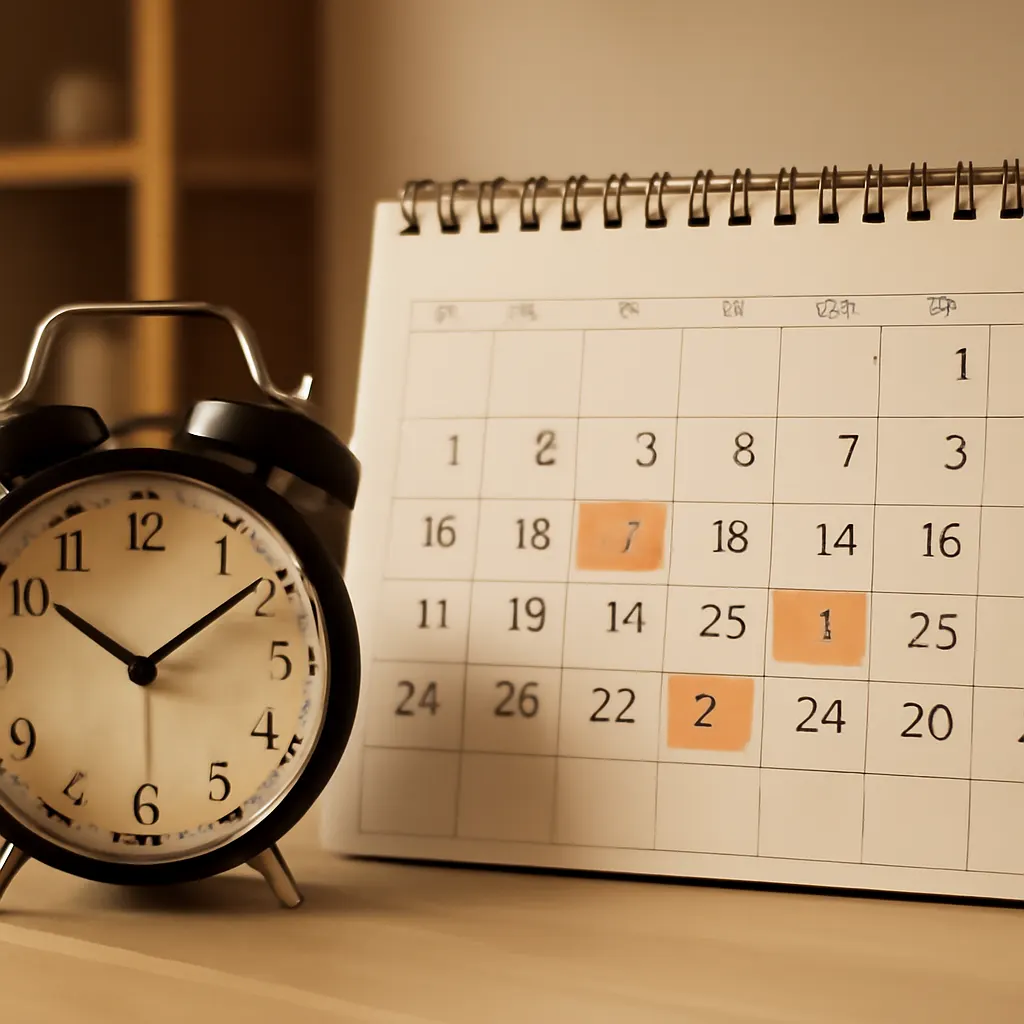 photograph of an alarm clock and a calendar with highlighted dates (no readable text), warm editorial lighting, modern G