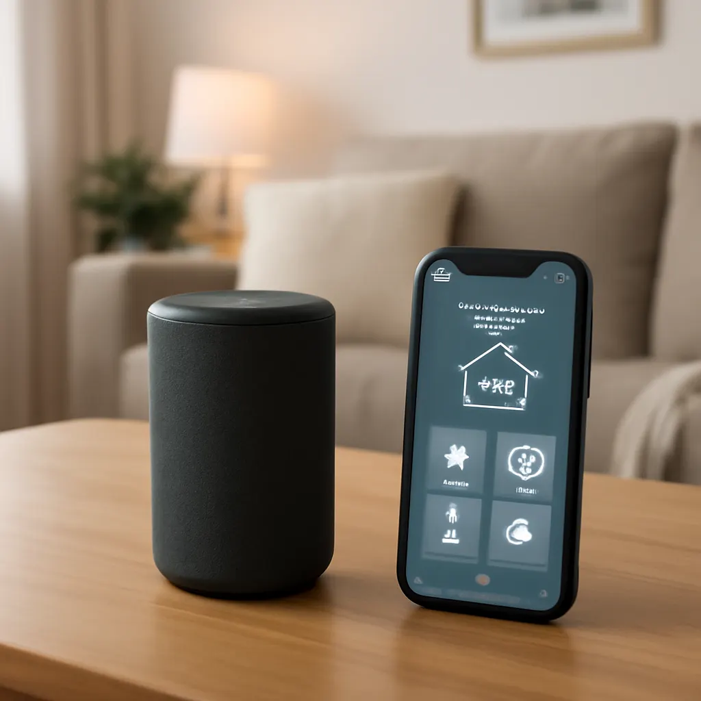 photorealistic shot of a smart speaker and a smartphone showing a generic smart home setup screen (no readable brand tex