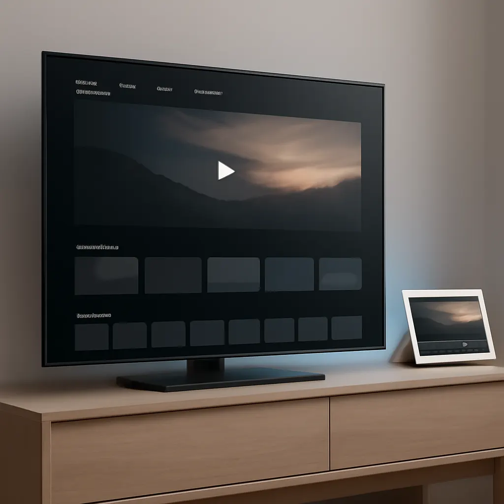 photograph of a home entertainment setup with a TV showing a generic video UI and a smart display nearby, neutral tones,