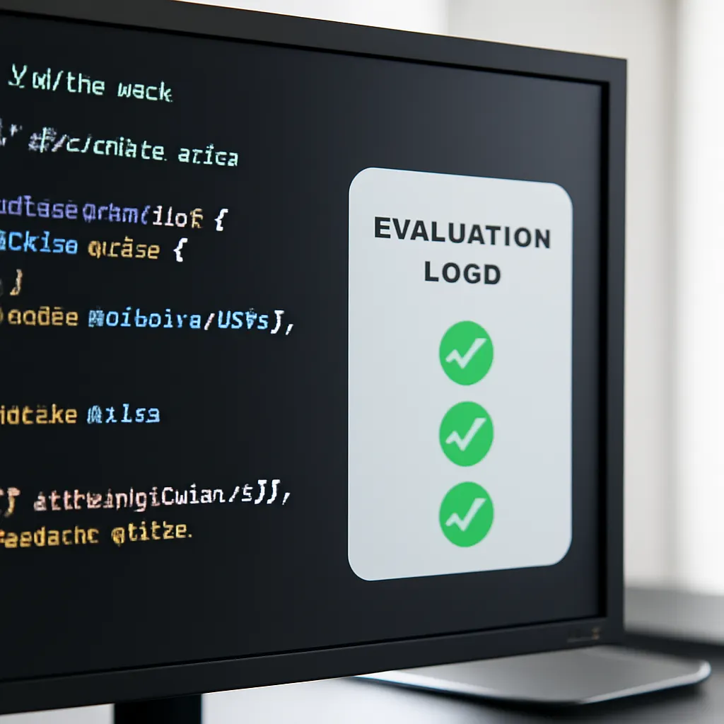 Nahaufnahme von Code-Reviews und Prüfregeln auf einem Monitor, daneben ein Block „Evaluation Loop“ mit grünen Häkchen (o