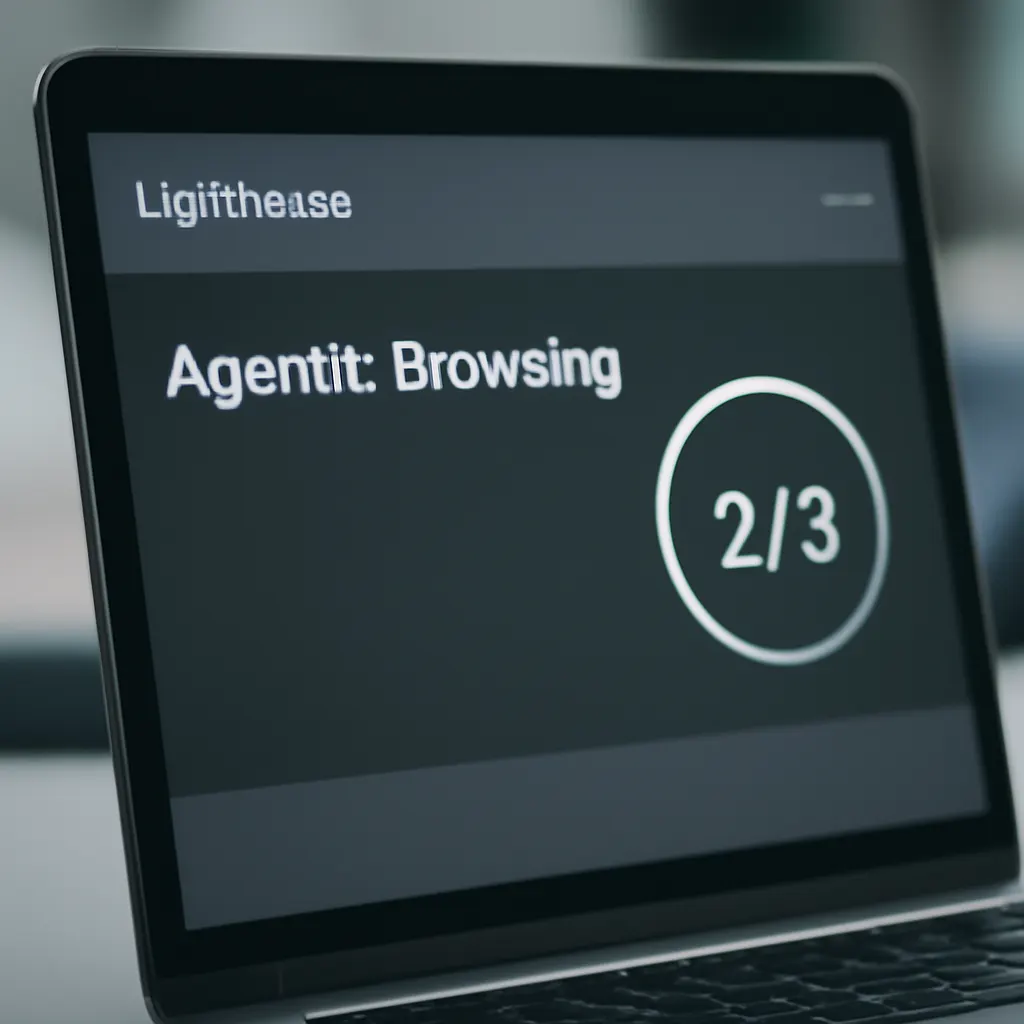 photograph of a laptop screen showing Google Lighthouse panel with category labeled “Agentic Browsing” and a ratio-like