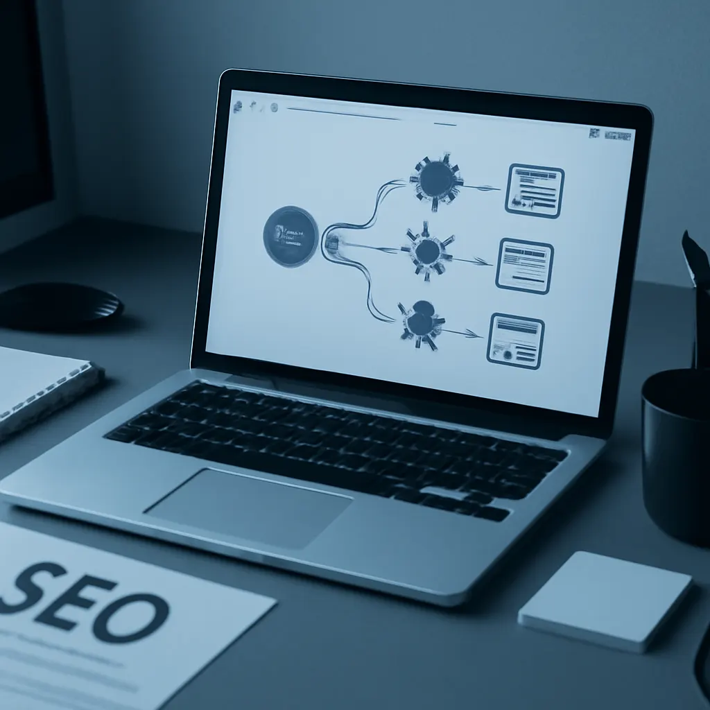 photograph of a cluttered SEO workspace with a web browser open to an abstract robots/agent flow diagram, cool blue and