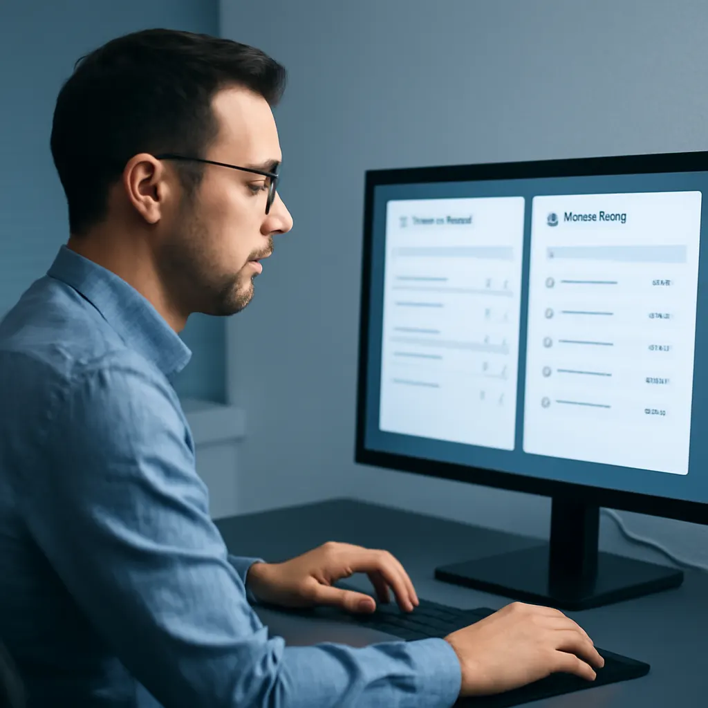 editorial photo of a QA engineer reviewing website security and agent access rules on a dashboard, professional lighting