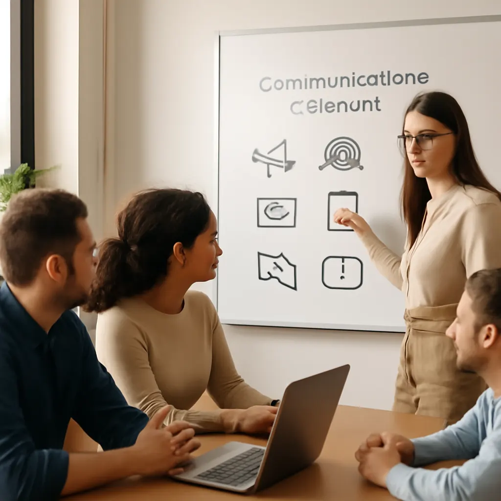 photograph of a small office team reviewing a communications strategy board with channel icons and a laptop, warm natura