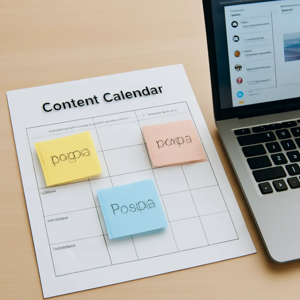 close-up of a content calendar on a desk with sticky notes labeled 'intern', 'extern', and 'Presse', laptop showing a me