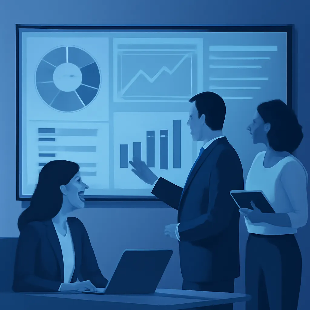 modern photorealistic scene of professionals analyzing a digital dashboard for communication metrics on a large screen,