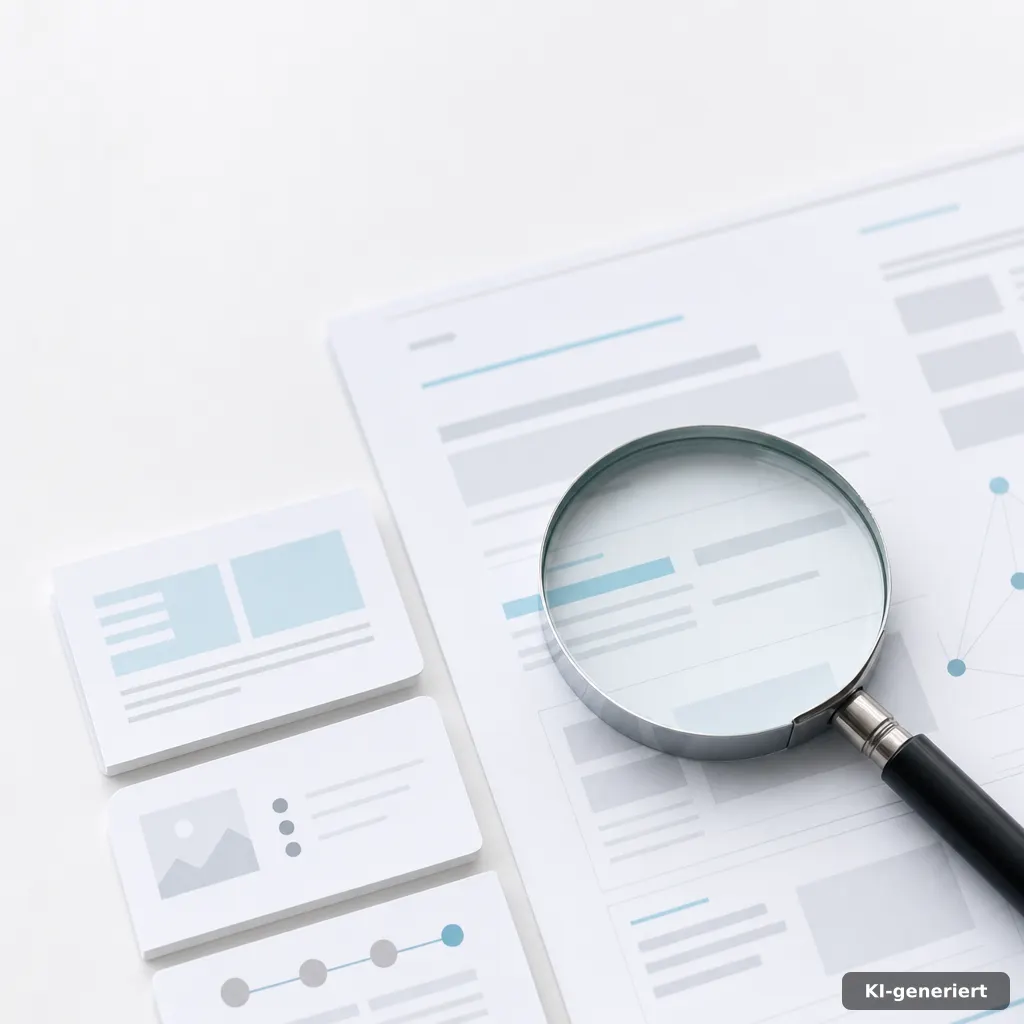 clean desk scene with a set of editorial content cards beside a magnifying glass over an abstract search-results grid, s