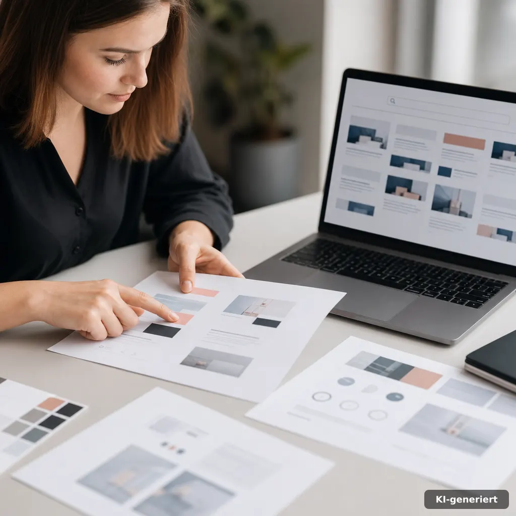 editorial photo of a content strategist reviewing printouts and a laptop with a search-results grid overlay pattern, han