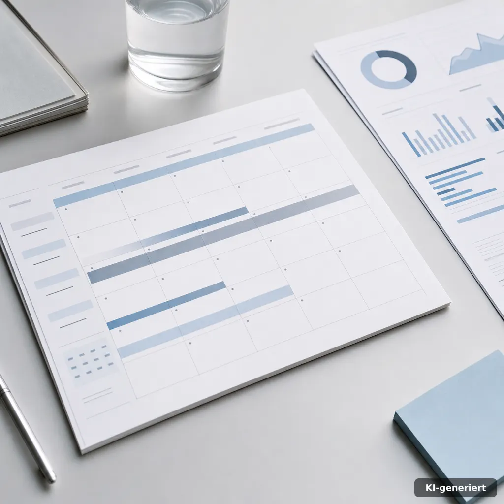 top-down photo of a calendar with highlighted weeks on a desk, beside a small analytics dashboard printout, muted blue a