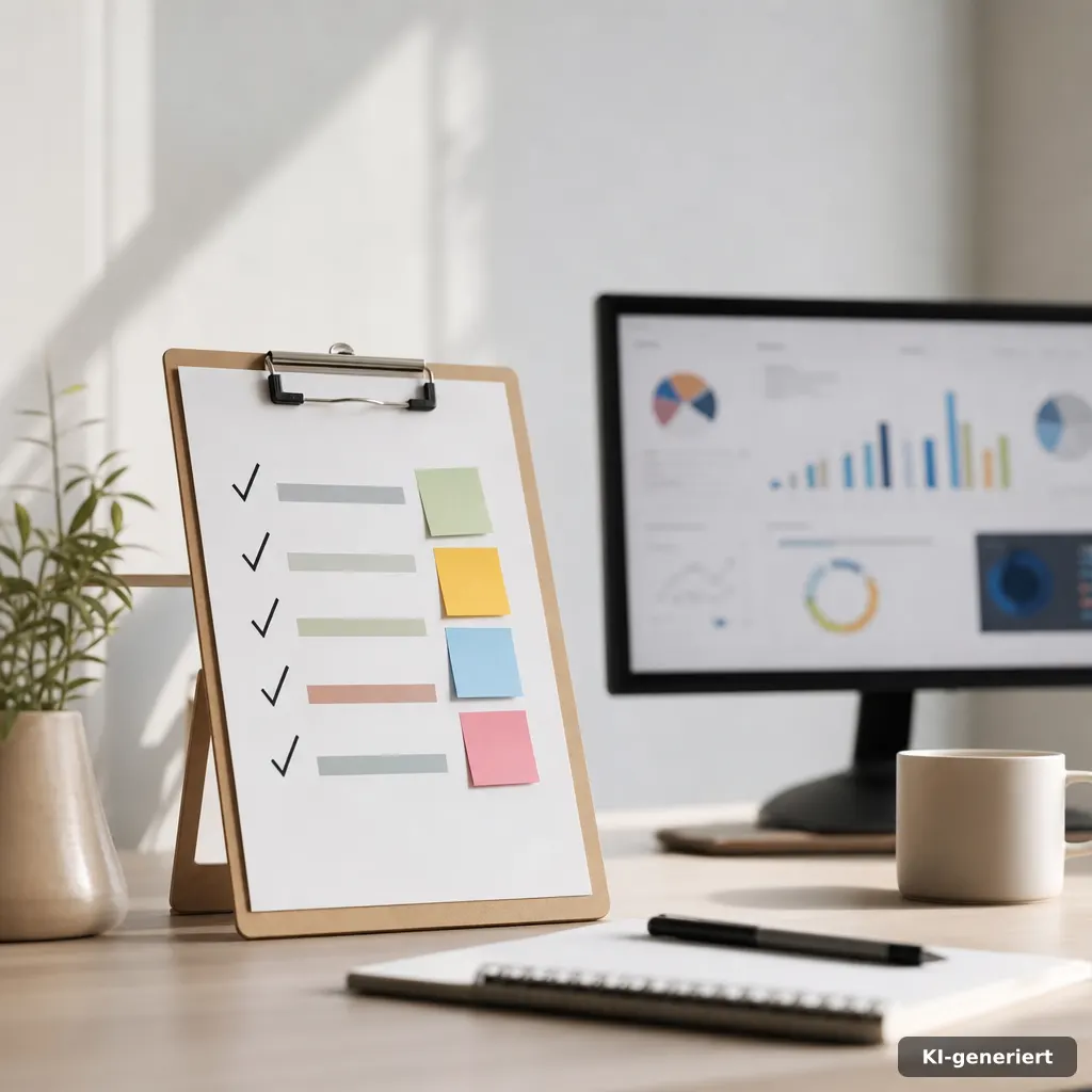 editorial photo of a checklist clipboard with abstract checkmarks and colored sticky notes, beside a small desktop monit