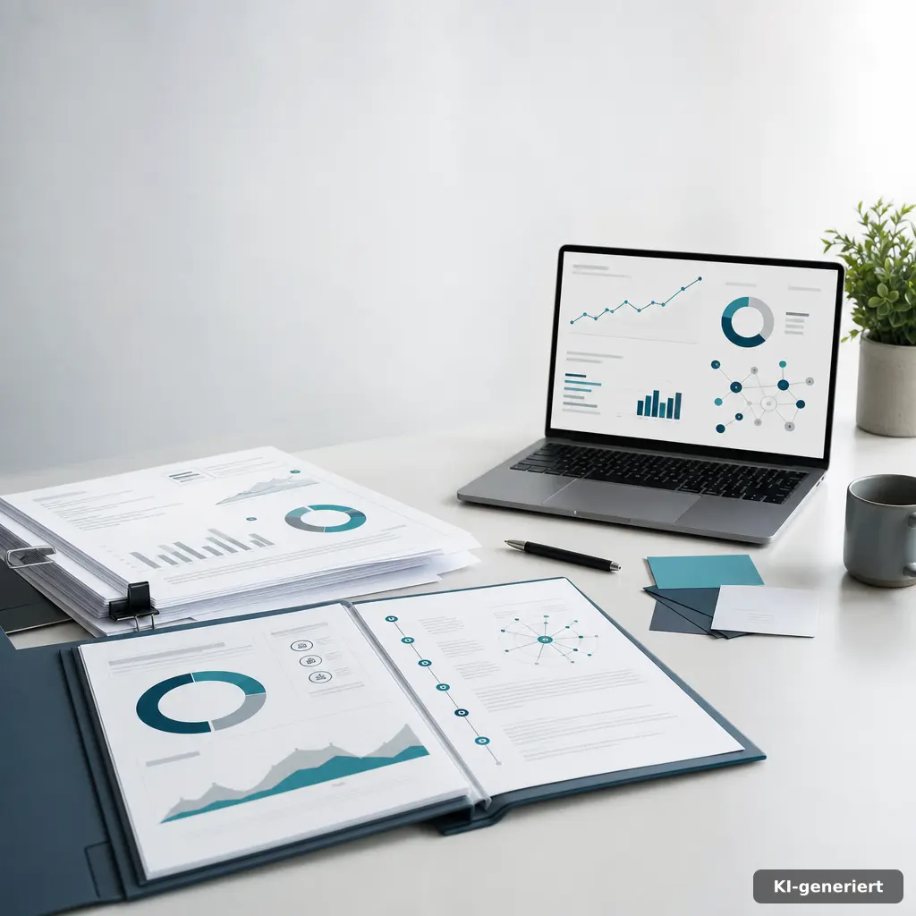 modernes SEO-Audit-Desk mit aufgeräumter Strategie-Mappe, gestapelten Bewertungsbögen und einem Laptop mit Diagramm-Umri