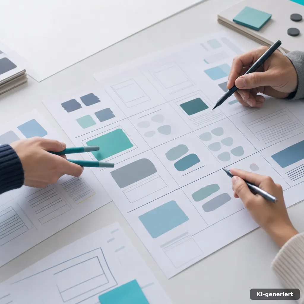 editorial photo eines Teams arbeitet an einem Bewertungsraster auf Papier, nur Hände und Stifte sichtbar, klare Rasterfe