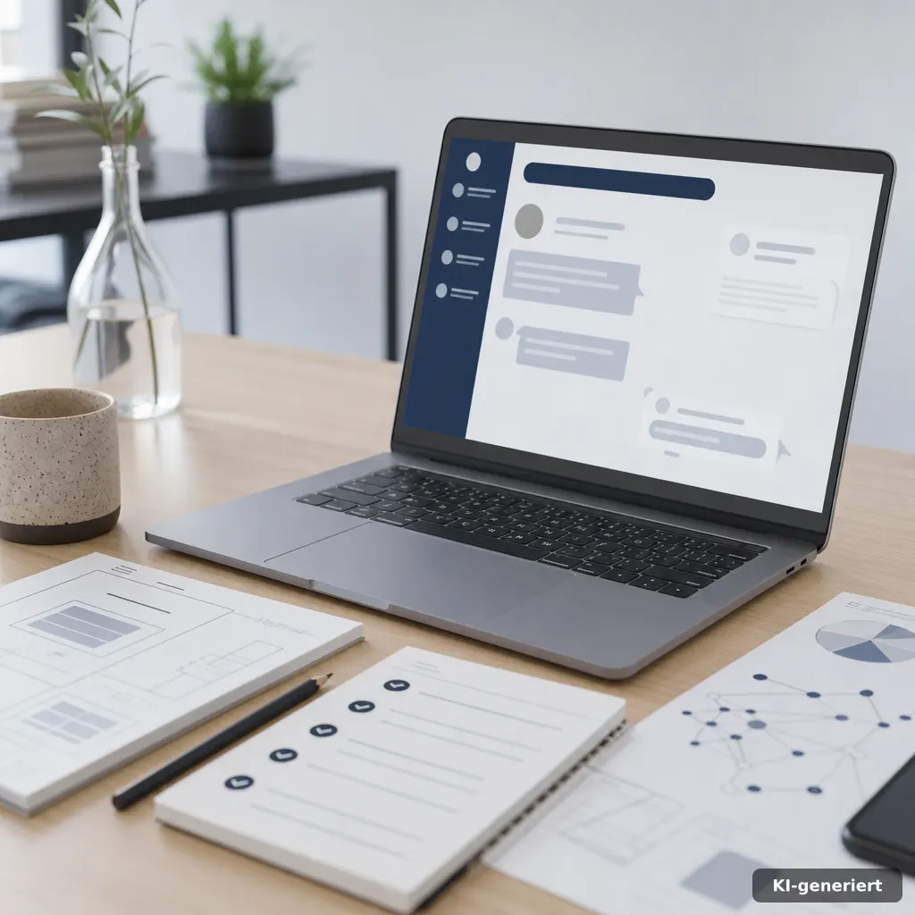 editorial photo of a customer chat window on a laptop, scattered notes and a small checklist next to it, neutral office