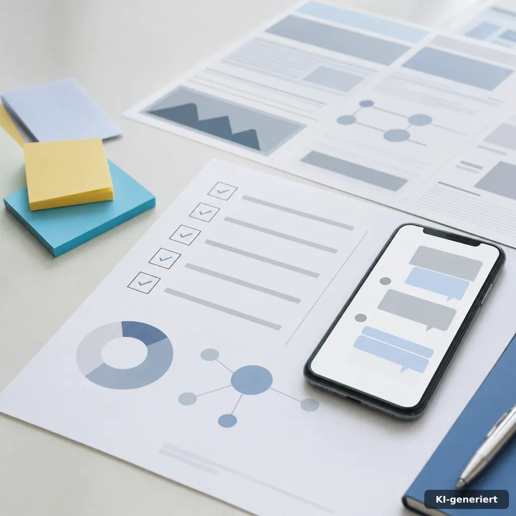 close-up of a desk with a checklist, sticky notes, and a smartphone showing a chat bubble mockup, soft daylight, muted b