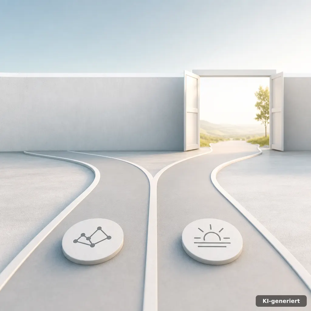 minimal schematic illustration style, a split road with two lanes labeled by abstract icons (no text), one lane ending i