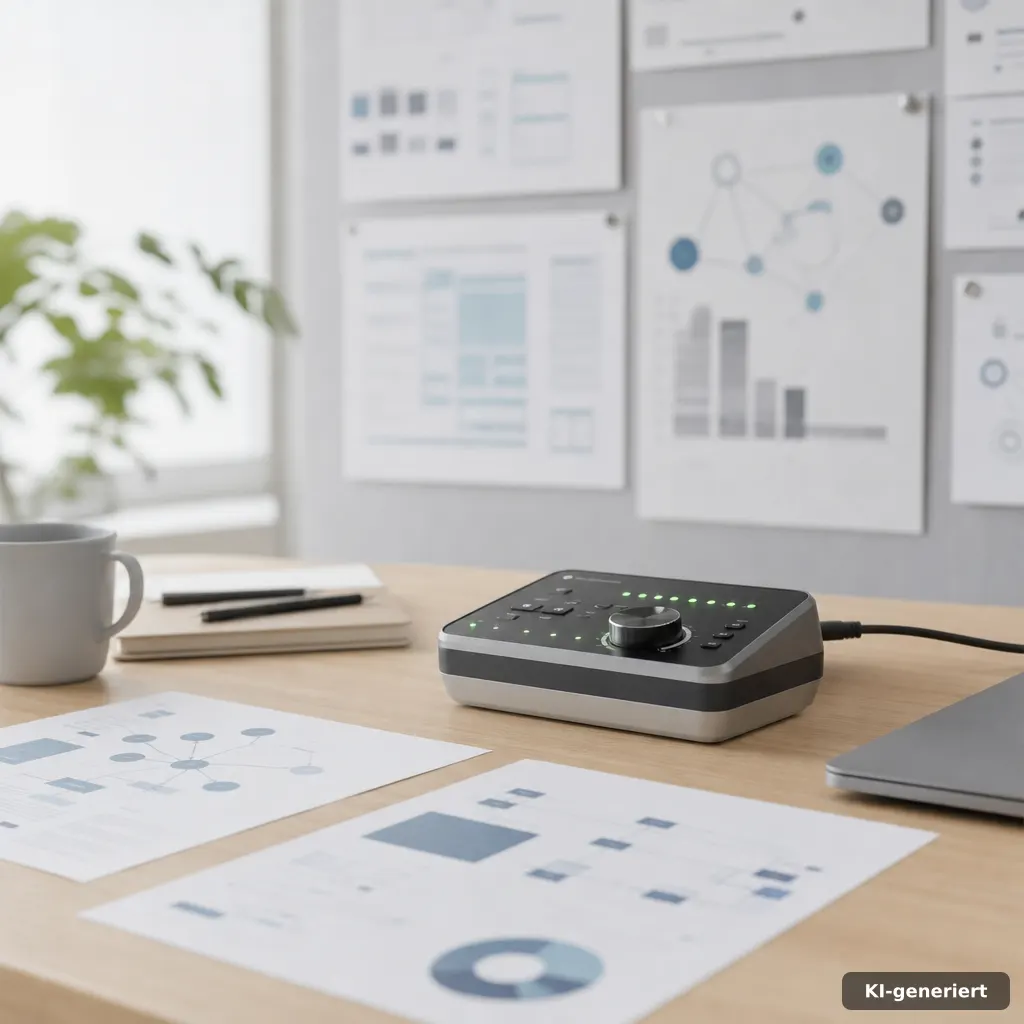 photograph of a clean marketing strategy desk with a compact automation controller device showing glowing indicator LEDs