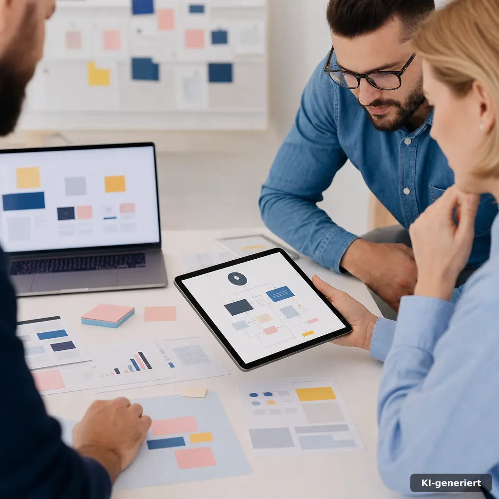 editorial photo of a small office team reviewing a flowchart on a tablet beside a laptop, warm-cool studio lighting, sha