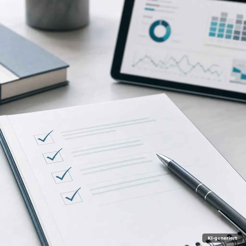 photorealistic close-up of a checklist-style planner with abstract check marks, a pen, and a small dashboard interface b