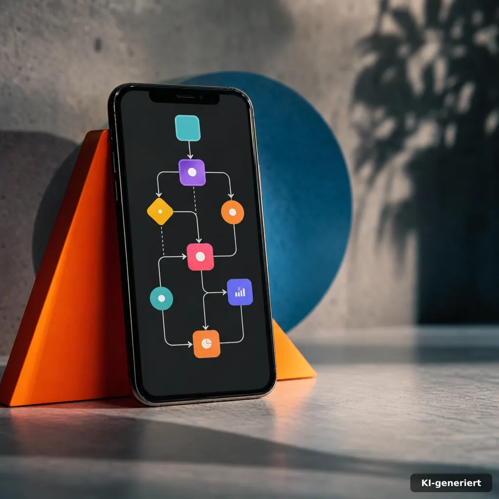 editorial photo of a smartphone showing an abstract flow diagram of automated marketing steps, warm-cool mixed studio li