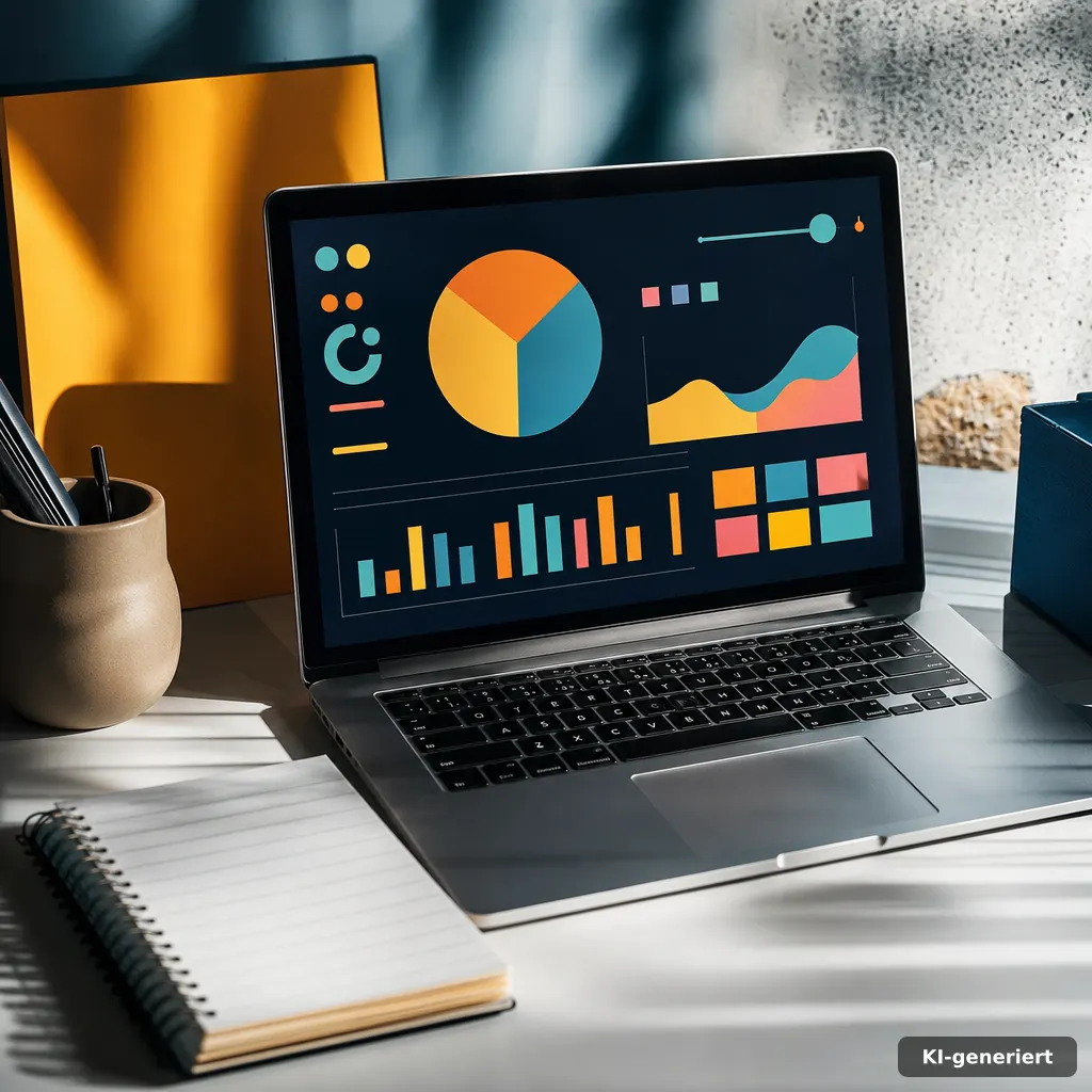 creative editorial photo of a laptop with a dashboard-like interface made of abstract shapes (no text), a notepad with b