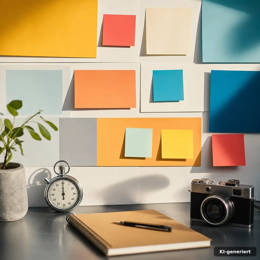 photograph of a clean marketing planning wall with sticky-note style abstract blocks (no readable text), a small stopwat