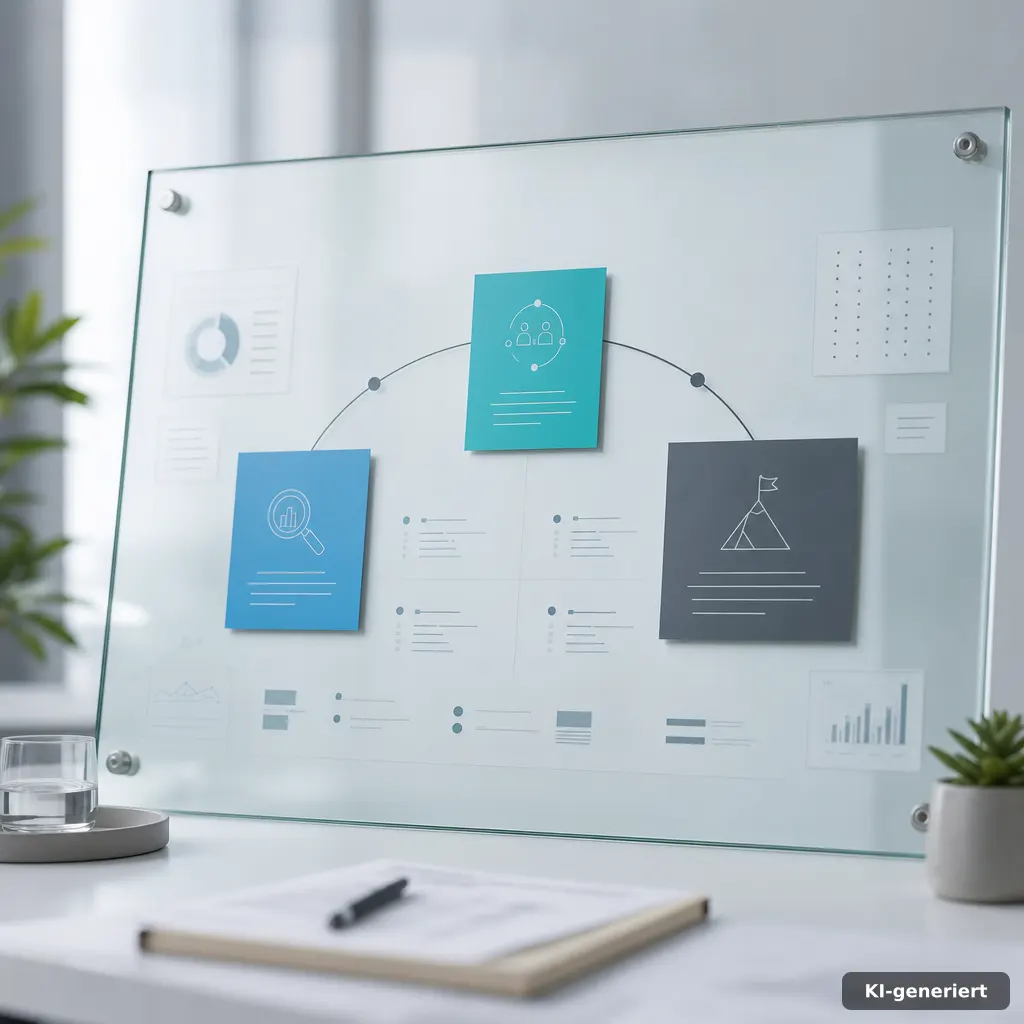 photograph of a glass strategy board with three colored story blocks forming an arc on a clean desk, bright soft studio