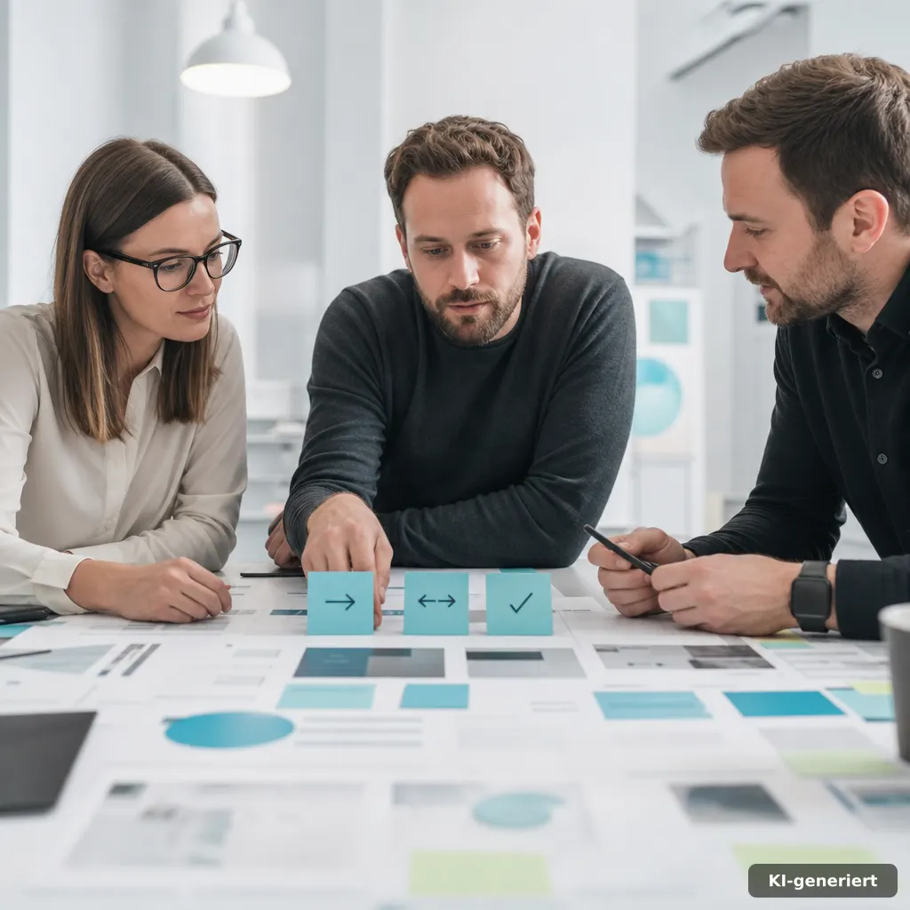 editorial photo of a small team reviewing printed copy pages on a desk with sticky notes arranged in a start-conflict-re