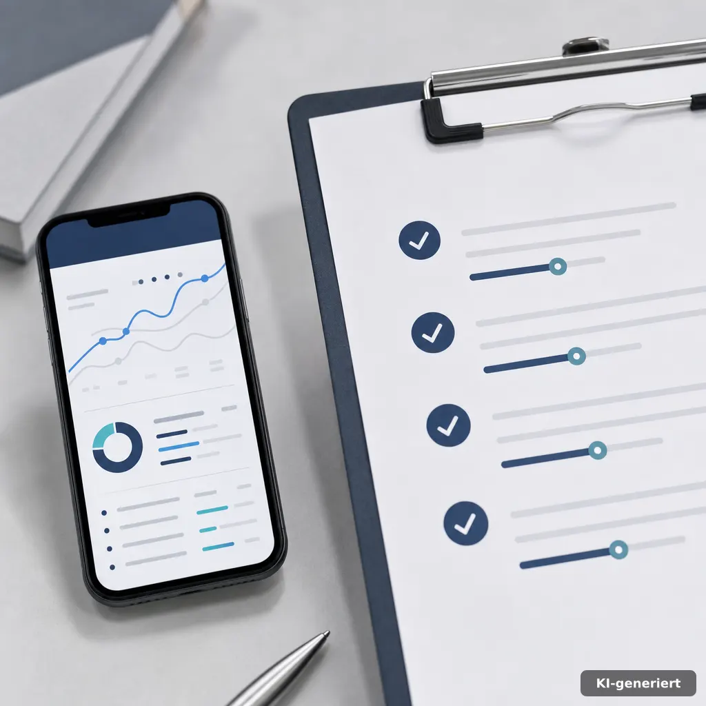 close-up of a smartphone screen showing an abstract analytics dashboard with curved lines and dots, beside a printed cop