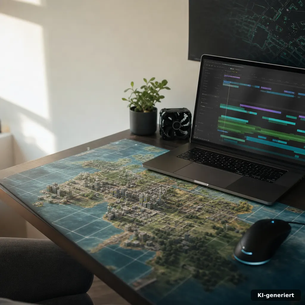 editorial photo of a compact gaming desk setup with a city-building strategy map grid, a cooling fan and a mouse beside 
