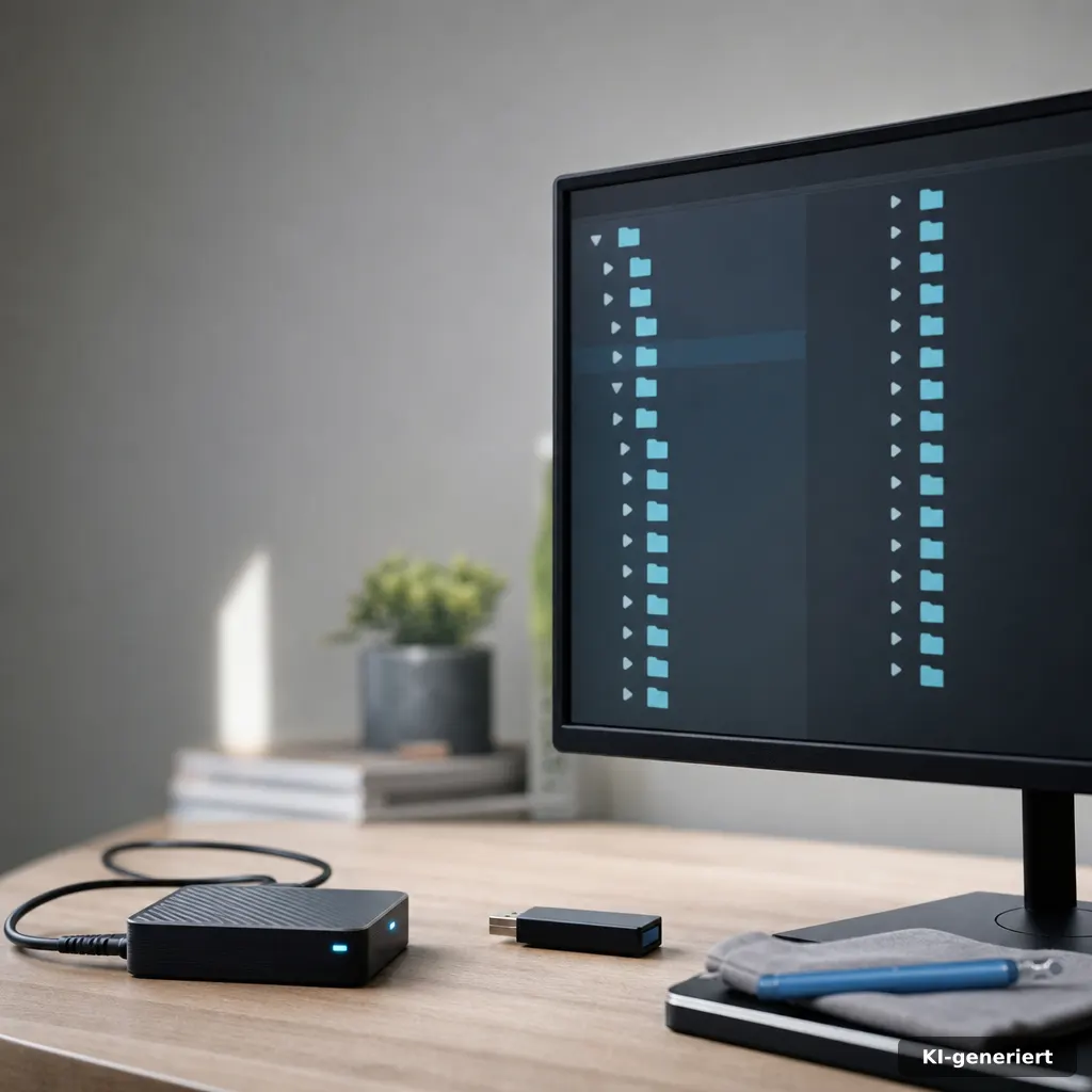 photorealistic editorial shot of a Windows-style folder tree on a monitor with the visible structure replaced by abstrac