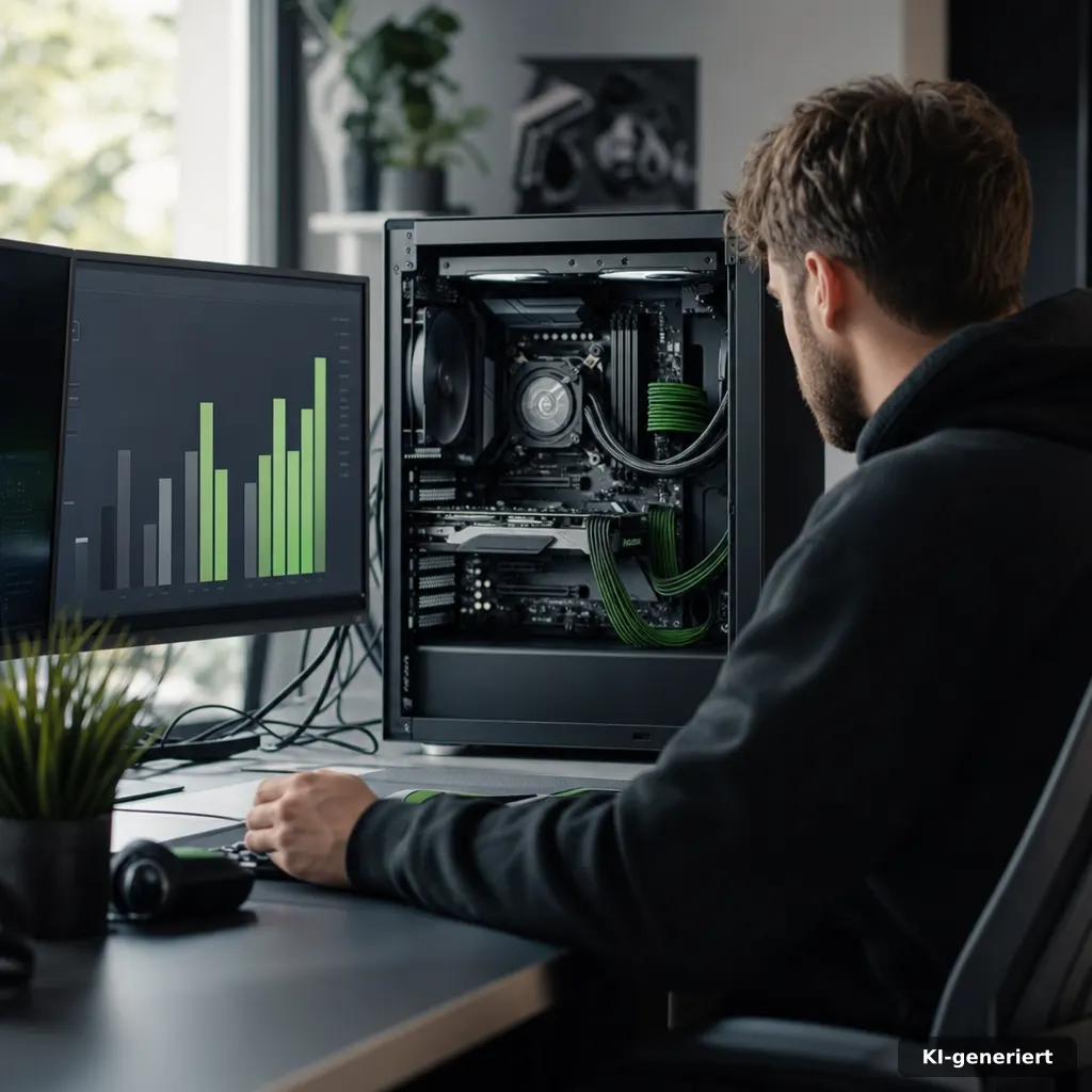 documentary-style photo of a modern PC workstation with cooling hardware, cables, and a second monitor showing an abstra