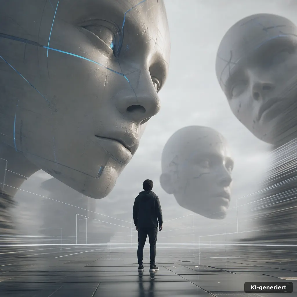 editorial photo of an impossible gravity arena, oversized floating humanoid heads looming over a 3rd-person character si
