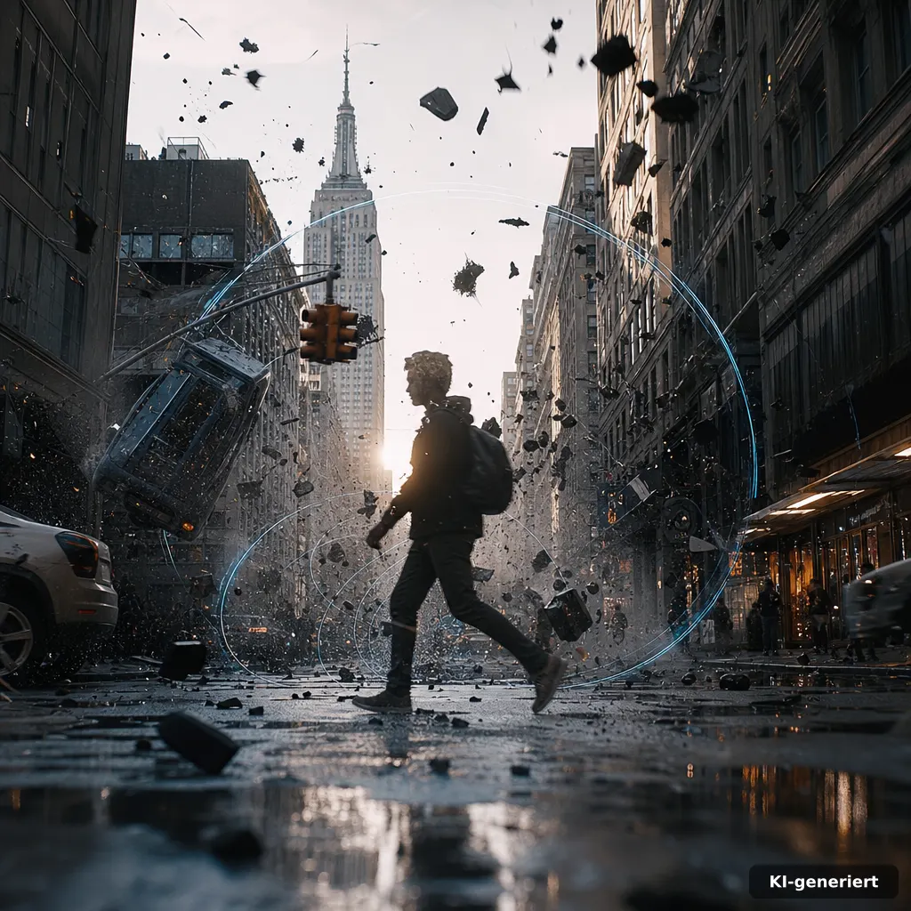 documentary street-level photo of a Manhattan-style street scene with dramatic gravity distortion effects, floating debr