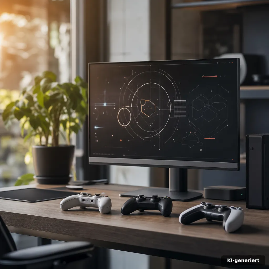 editorial photo of a gaming setup desk with a large monitor showing an abstract gameplay UI without readable text, three