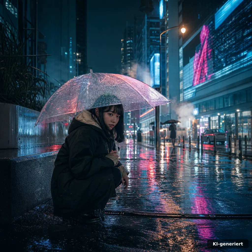 Cyberpunk Edgerunners Staffel 2: Risiko statt Happy End 2 photograph of a rain-soaked neon street in Night City, wet reflections and layered light streaks, cinematic editorial mo