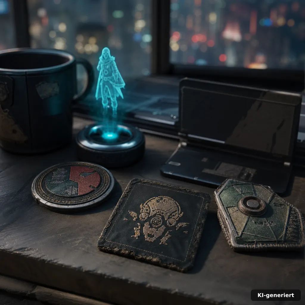 Cyberpunk Edgerunners Staffel 2: Risiko statt Happy End 3 editorial close-up of four character-themed items scattered on a desk–abstract cyberpunk tokens, worn patches, a small h