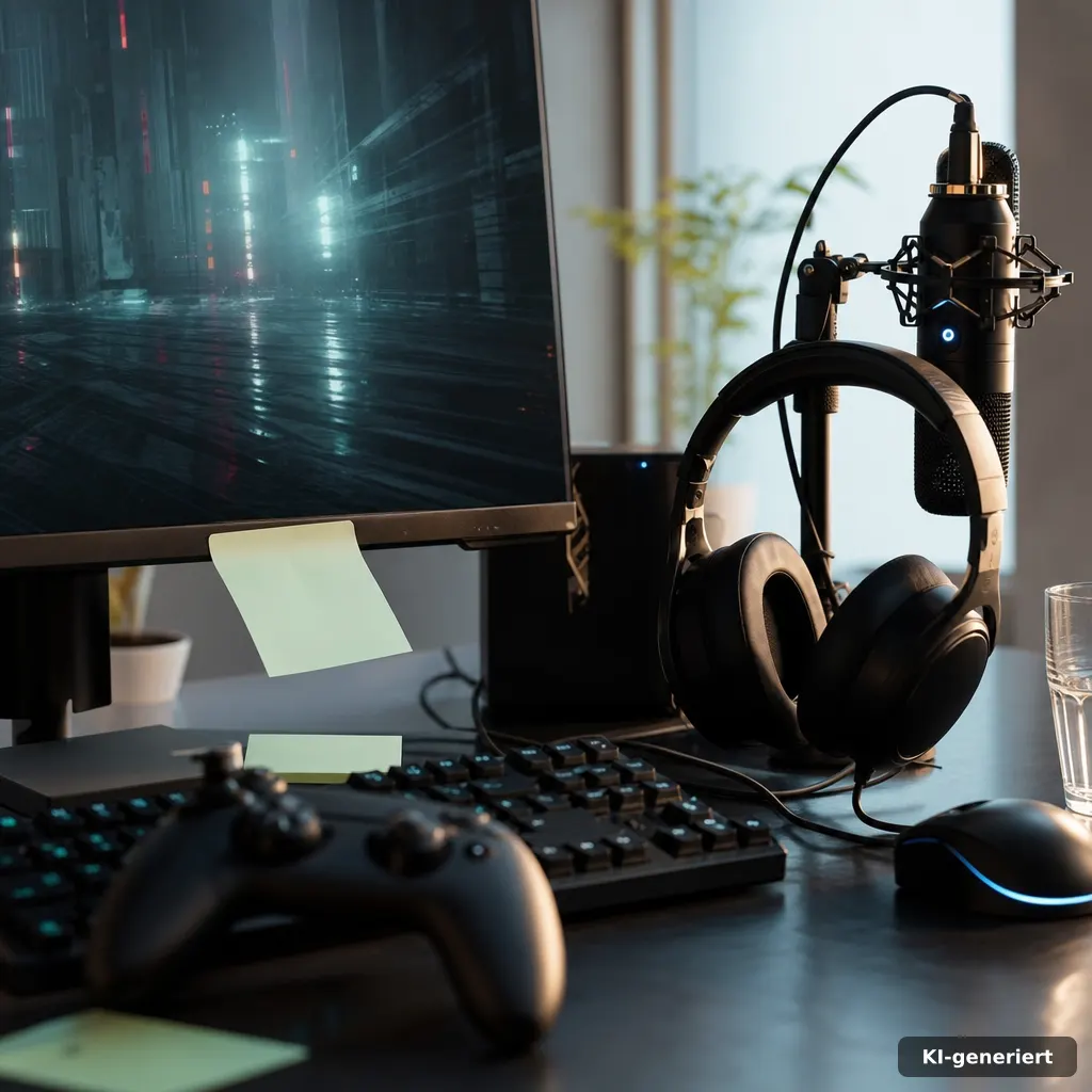 Cyberpunk Edgerunners Staffel 2: Risiko statt Happy End 4 documentary-style scene of a streaming setup–monitor with abstract cyberpunk UI glow (no text), headphones, controller,
