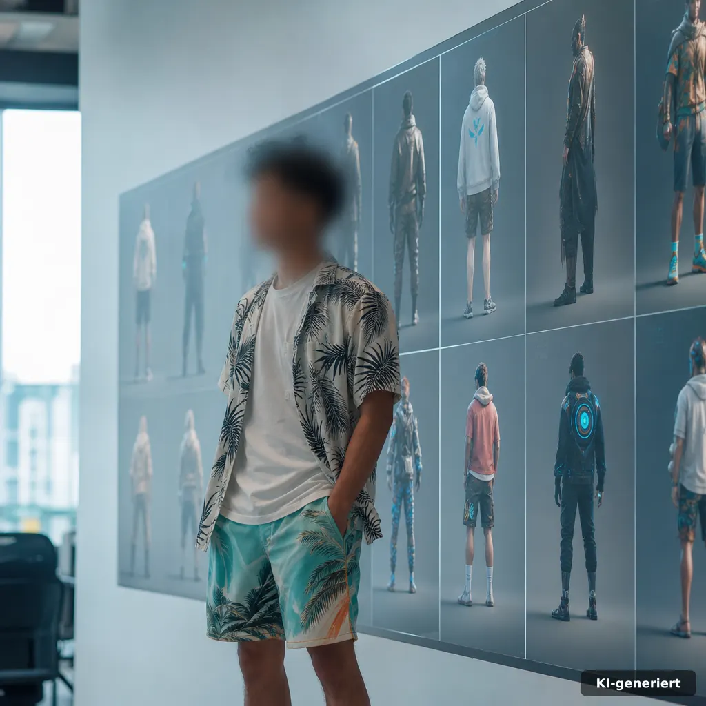 photograph of a gaming UI-style wall of character renders, one central blurred silhouette with casual beach outfit cues,