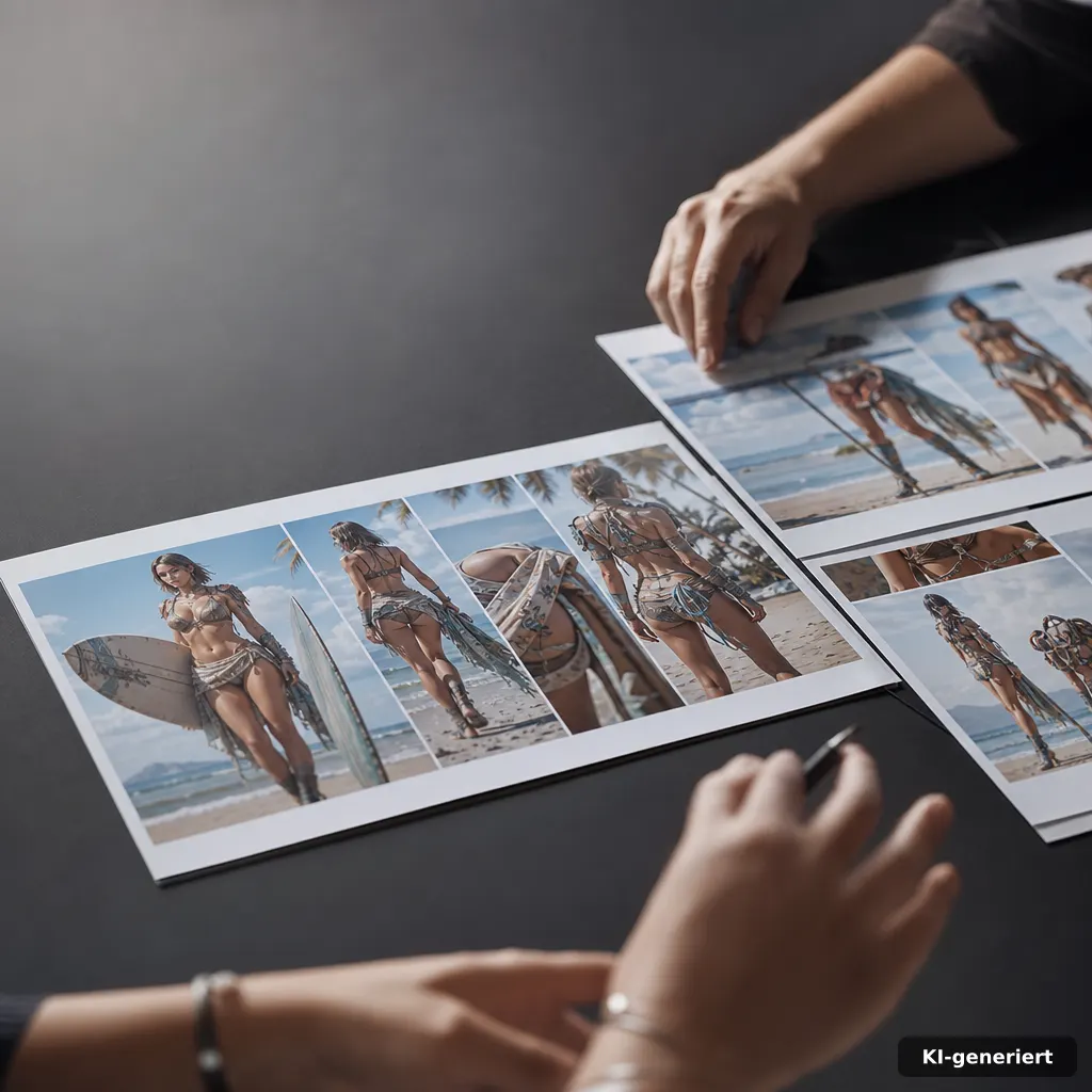 editorial close-up of a gaming cosmetics catalog display with beach-themed character render thumbnails on a dark desk, h