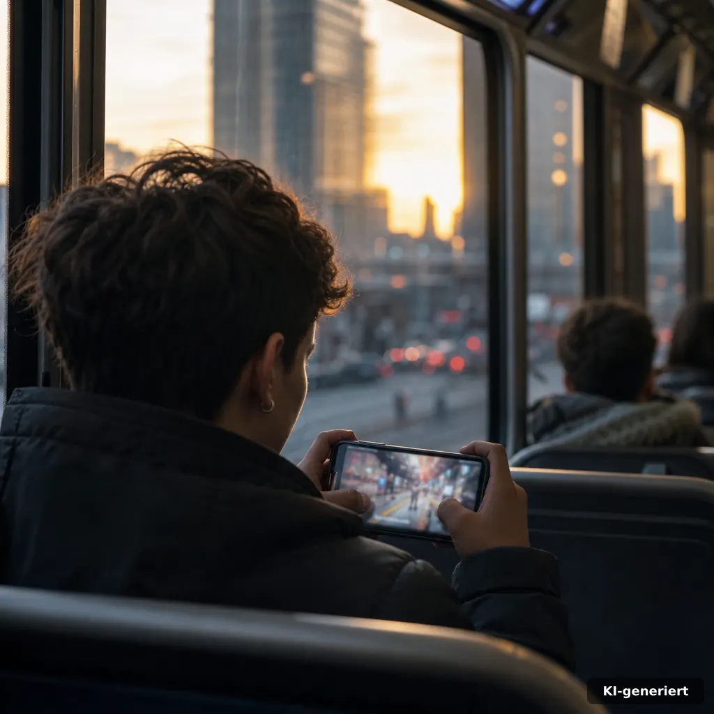 documentary-style street photo of a young person commuting with a smartphone showing a blurred game-stream interface, no