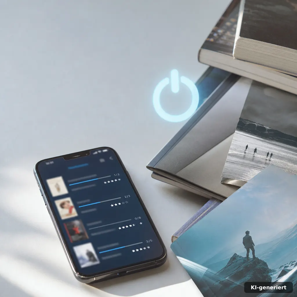 editorial photo of a smartphone screen with a book-tracking interface blurred, beside scattered book covers and a shutdo