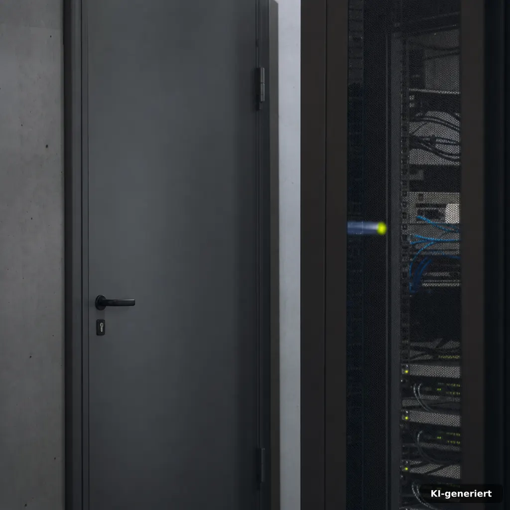 documentary-style photo of a small server room door with a blurred light indicator, cables visible but no logos, cool gr