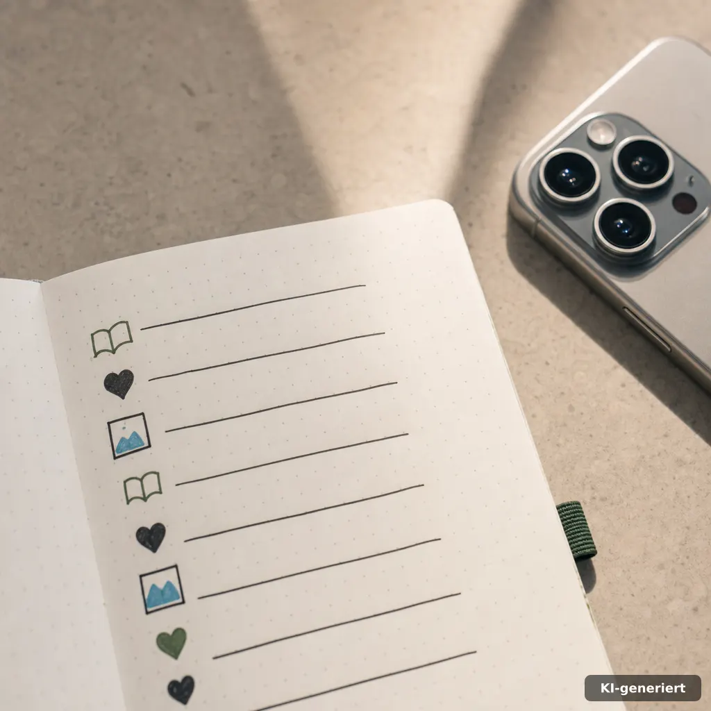 close-up editorial photo of a notebook page with handwritten reading log lines and abstract icon-like shapes (book, hear